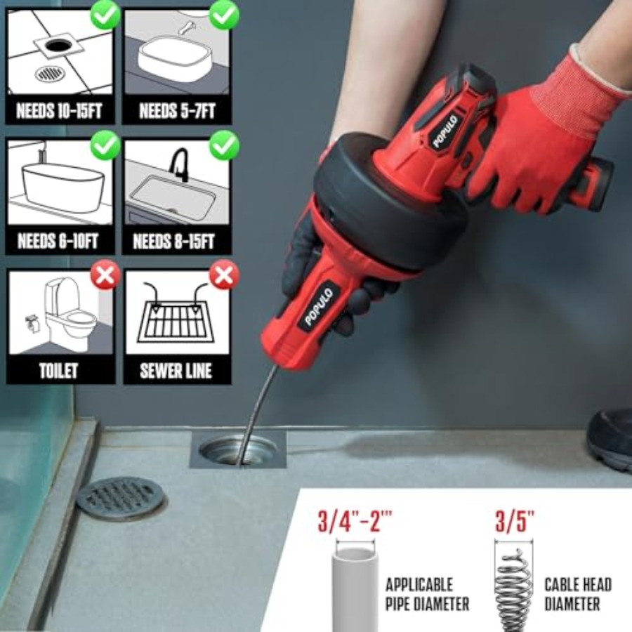 POPULO 12V Cordless Electric D - Plumbing Snake Drain ulasan dan harga
