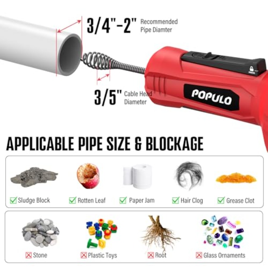 POPULO 12V Cordless Electric D - Plumbing Snake Drain ulasan dan harga